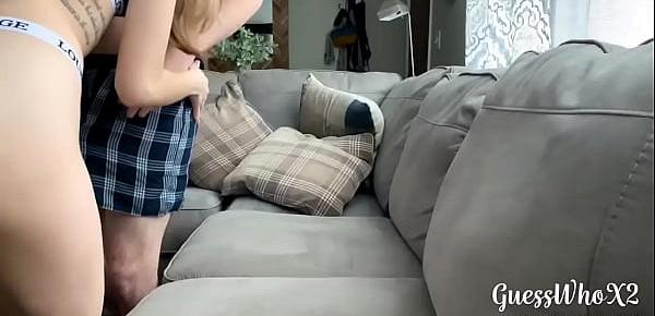  PAWG Teen Rides for Creampie, Fingers herself with his Cum on Parents Couch
